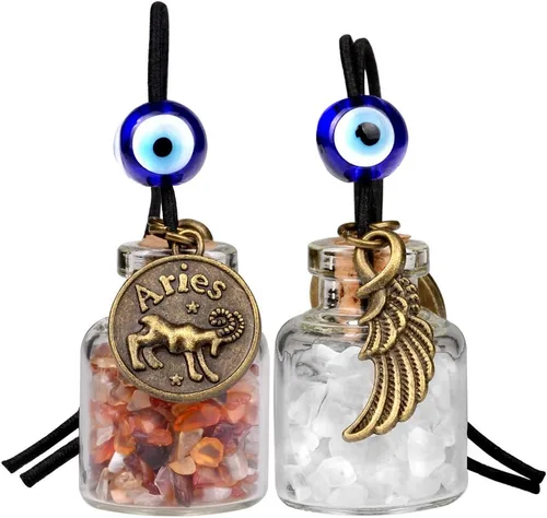 Miniatura 17 de Zodiac Birthstone Car Charms for Rearview Mirror Hanging - Two Gemstone Good Luck Bottles with Evil Eye Protection Bead and Guardian Angel Wing