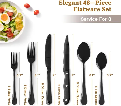 Miniatura 6 de Juego de cubiertos Astercook de 48 piezas en negro con cuchillos de carne, juego de cubiertos de acero inoxidable de grado alimenticio con acabado