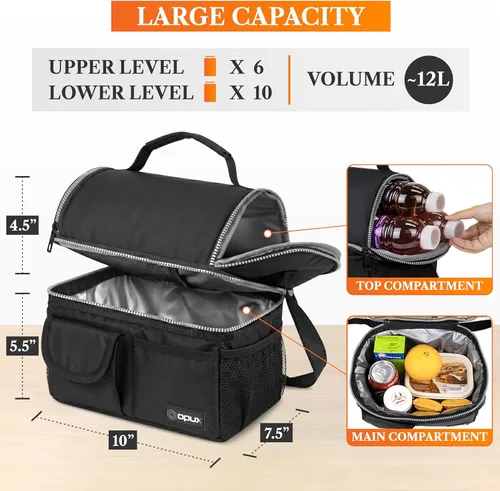 Miniatura 2 de Opux - Bolsa de almuerzo aislada de doble compartimento para hombres y mujeres Bolsa de almuerzo reutilizable con correa para el hombro, forro