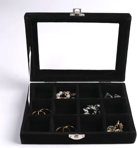 Miniatura 2 de Frebeauty Bandeja organizadora de joyas con tapa transparente, 12 rejillas de terciopelo con tapa transparente, vitrina de joyería, caja de joyería