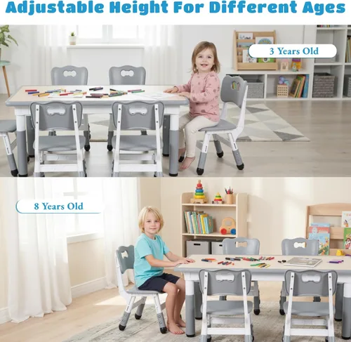 Miniatura 7 de Arlopu Juego de mesa y 6 sillas para niños, escritorio de graffiti ajustable en altura, mesa de manualidades para actividades preescolares, para Gris
