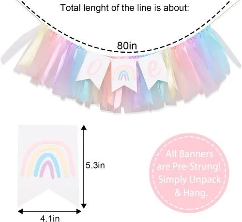 Miniatura 2 de Cartel para silla alta de arcoíris pastel, cartel de tul y cinta para silla de bebé de primer cumpleaños, decoraciones de arcoíris
