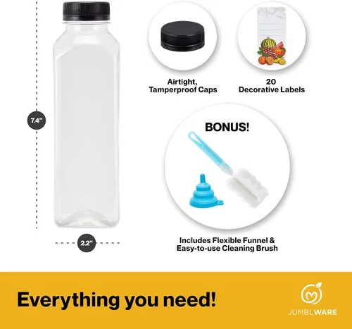 Miniatura 3 de JumblWare Juego de 40 botellas reutilizables de jugo de plástico transparente de 16 onzas con embudo, cepillo de limpieza y etiquetas