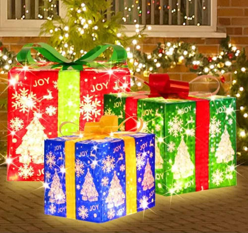Miniatura 3 de LAMPHOME Cajas Iluminadas de Navidad, juego de 3 cajas de regalo decorativas con 91 LED, luces cálidas con parpadeo, cajas decorativas para Cajas