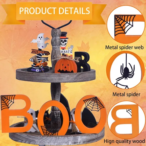 Miniatura 2 de Letreros de decoración de mesa de Halloween para interiores, 3 piezas de decoración de madera de Halloween con telarañas, letrero de decoración
