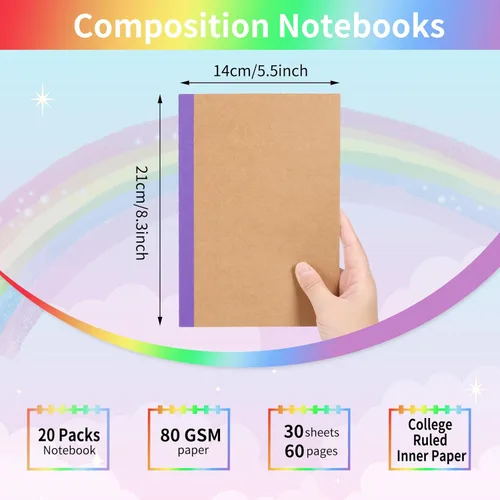 Miniatura 2 de EOOUT Paquete de 20 Cuadernos A5 de Papel Kraft, Diario Rayado a Granel con Lomo Arcoíris, 10 Colores, 60 Páginas de Tapa Blanda, Cuadernos