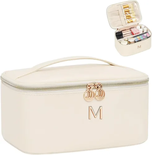 Miniatura 50 de OCHEAL Bolsa de maquillaje personalizada, bolsa de maquillaje beige para mujer, kit de aseo de viaje con monograma, organizador de cosméticos listo