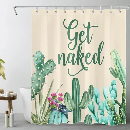 Miniatura 25 de LB Get Naked - Cortina de ducha de cactus con citas divertidas, plantas tropicales, suculentas, verdes, acuarela, cactus y flores, cortinas de ducha