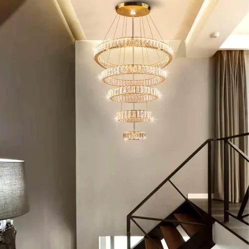 Miniatura 2 de Lámpara candelabro LED de cristal grande, moderna de 5 anillos, luz colgante ajustable para dormitorio, comedor, cocina (blanco cálido).