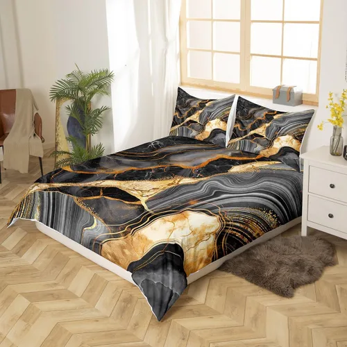 Miniatura 2 de Funda de edredón de mármol negro tamaño individual, juego de ropa de cama dorada para adultos, hombres y mujeres, funda de edredón de textura