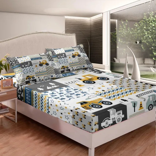 Miniatura 4 de Manfei Juego de sábanas de caricaturas para niños, tamaño individual, juego de ropa de cama de tractor de vehículos de construcción, decoración