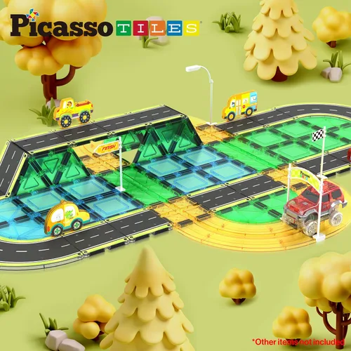 Miniatura 5 de PicassoTiles Azulejos Magnéticos de Construcción Pista de Autos Vehículo Magnético Tema de Aventura Calle Impresa Carretera Pista Autopista Bloque