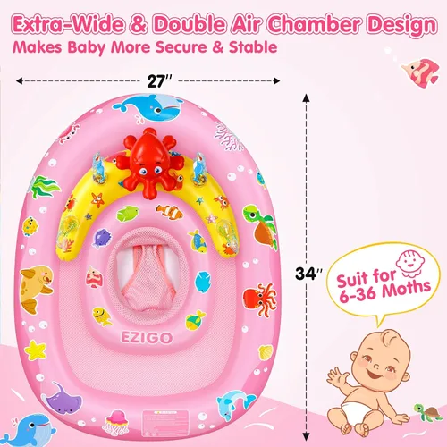 Miniatura 3 de EZIGO Baby Pool Float with Canopy UPF50+ Sun Protection, Inflatable Kids Pool Floats with Ocean Animal Toys for Baby 6-36 Months, Infant Swimming