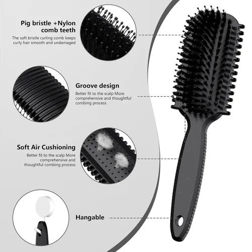 Miniatura 2 de Cepillo de pelo rizado, cepillo definidor de rizos, cepillo de pelo, flexible, mejora de rizos, reduce tirones (negro)