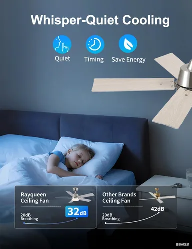 Miniatura 4 de Ventiladores de techo de 42 pulgadas con luces y control remoto, ventilador de techo de níquel cepillado, motor CC reversible de 6 velocidades, LED