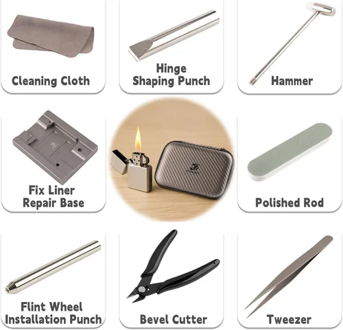 Miniatura 9 de Kit de herramientas de reparación de encendedor para Zippo, juego múltiple con base de reparación y otras 6 herramientas profesionales para fijar