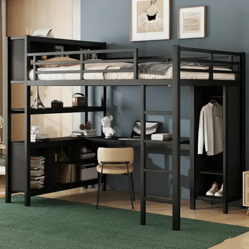 Miniatura 10 de SOFTSEA Cama tipo loft de metal completo con escaleras y armario, cama alta para niños con barandillas en forma de casa y estantes de Negro
