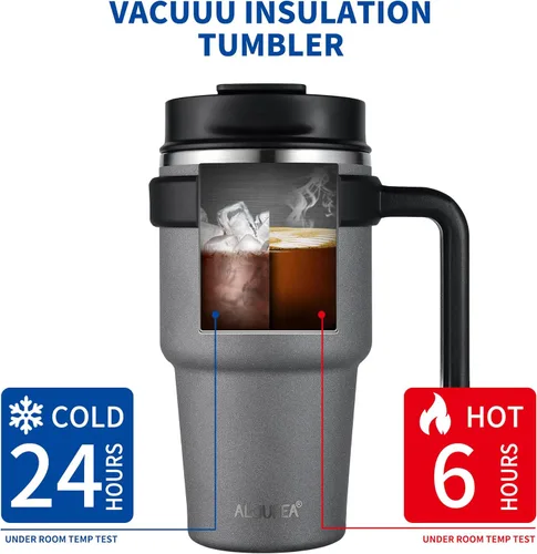 Miniatura 4 de Taza de café aislada de 20 onzas con asa, vaso de viaje de acero inoxidable con tapa y pajilla, taza térmica de doble pared a prueba de fugas