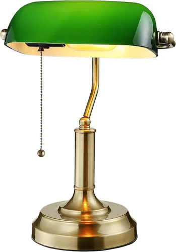 TORCHSTAR Lámpara de escritorio de cristal verde con cadena de tracción, base E26 | Base de acabado de latón, lámpara tradicional antigua para sala