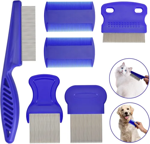 Peine para pulgas para gatos y perros, paquete de 6 peines para piojos de mascotas, juego de mascotas para mascotas pequeñas, medianas y grandes Azul