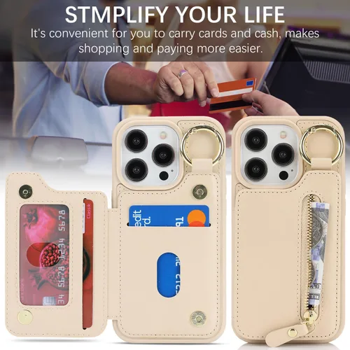 Miniatura 6 de Havaya Funda para iPhone 13 Pro con tarjetero y llavero, soporte de cuero, a prueba de golpes, con ranuras para tarjetas de crédito, cremallera