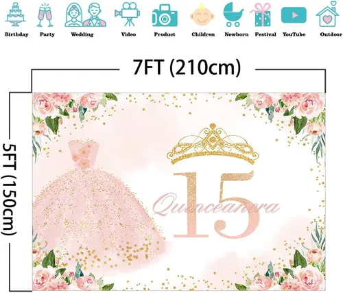 Miniatura 4 de Mocsicka Telón de fondo de cumpleaños de quinceañera para niña, decoración de fiesta de cumpleaños con diseño floral azul de 15 años, fondo