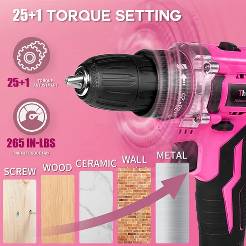 Miniatura 4 de Juego de taladro inalámbrico rosa, juego de taladro eléctrico de iones de litio de 20 V para mujer con 67 puntas de destornillador, portabrocas sin