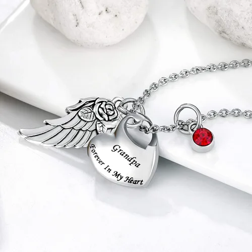 Miniatura 4 de Collar de urna de cremación de doble corazón viene con ala de ángel y 12 piedras natales para cenizas, colgante conmemorativo, Forever in My Heart
