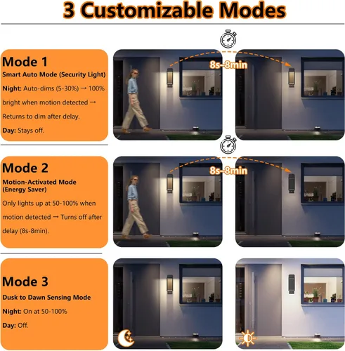 Miniatura 3 de Lámpara de pared para exteriores del atardecer al amanecer con LED integrado, 3 modos ajustables, todo de aluminio impermeable IP65 - Lámpara