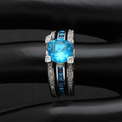 Miniatura 4 de UFOORO Juego de anillos de boda de cristal azul cielo para mujer, chapado en platino