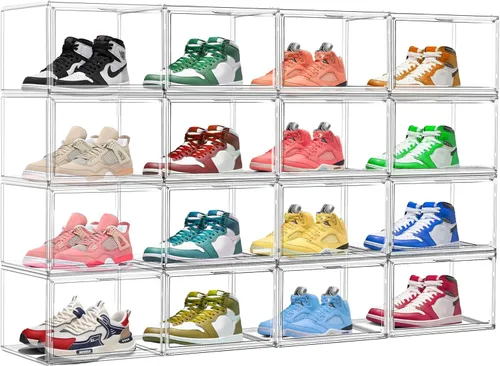 Miniatura 10 de Paquete de 2 cajas de zapatos de acrílico para armario, transparentes, apilables, tamaño 12 contenedores de almacenamiento de zapatos con tapas