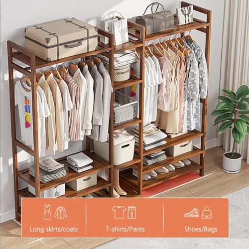 Miniatura 8 de Perchero de bambú con estante organizador de almacenamiento, riel de ropa portátil con almacenamiento de zapatos, perchero independiente con barra