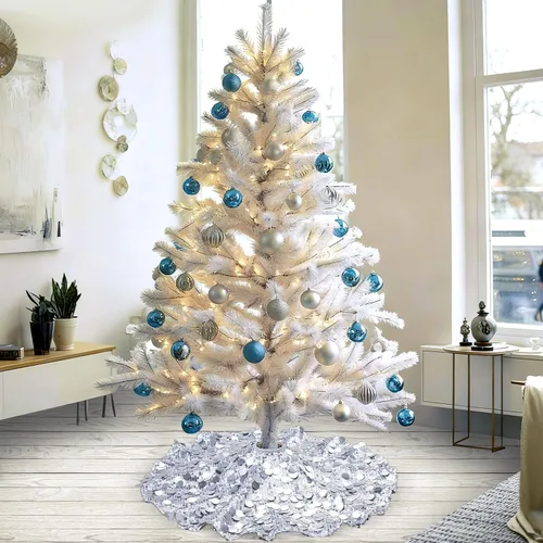 Miniatura 3 de Falda de árbol de Navidad plateada de 36 pulgadas, falda de árbol de Navidad con lentejuelas brillantes, decoraciones de Navidad con purpurina