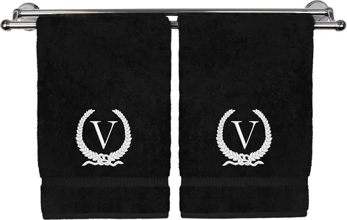 Miniatura 90 de Toalla de mano con monograma, regalo personalizado, 16 x 30 pulgadas, diseño de corona dorada bordada con letra blanca en toalla negra, extra
