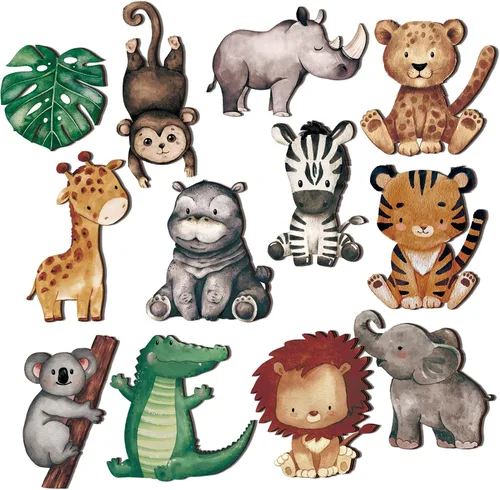 Geetery 12 piezas de animales del bosque de madera con formas recortadas de animales pintados de bosque de safari para baby shower, criaturas de
