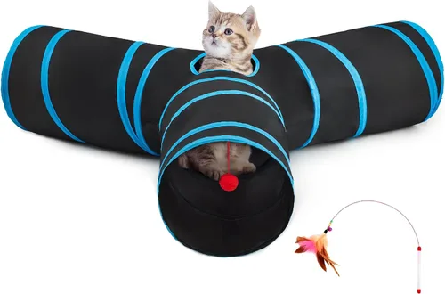 Miniatura 16 de Tempcore Túnel para gatos con tubo de juguete, túneles plegables de 3 vías para gatos, túneles para mascotas aburridas con agujero y pelota, juguete