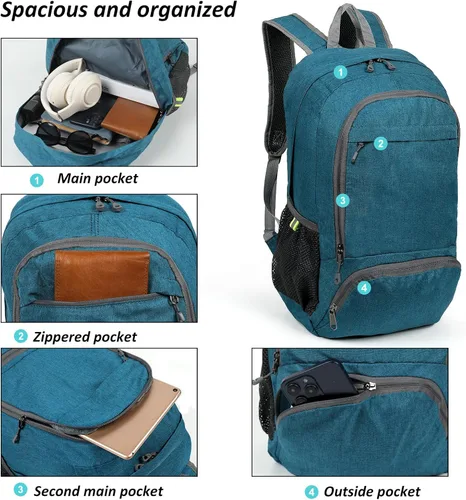 Miniatura 5 de Mochila de senderismo pequeña, 25 L, ultraligera, plegable, mochila de camping, mochila de viaje transpirable, mochila de senderismo para hombres