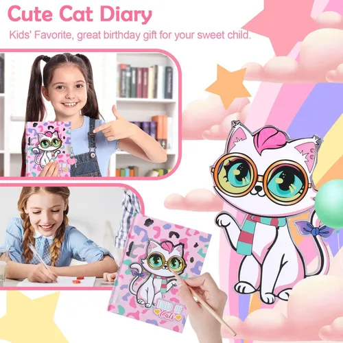 Miniatura 3 de Diario de gato para niñas con cerradura, juego de papelería de gato con diario secreto, sellos, bolígrafos, cuaderno de diario, regalos de Set