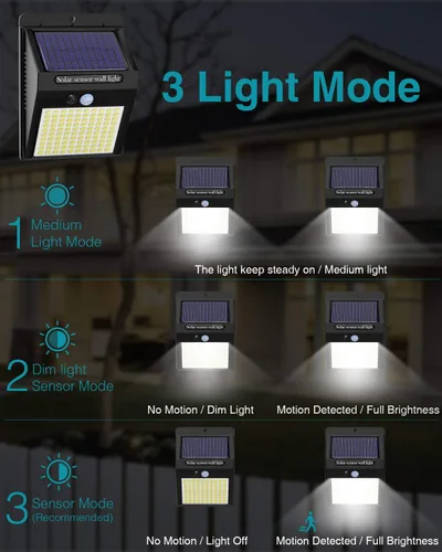 Miniatura 4 de 2 paquetes de luces solares para exteriores con sensor de movimiento - 3 modos/100 LED, luces solares de seguridad inalámbricas, resistentes al agua