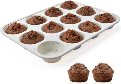 Miniatura 9 de CAKETIME Molde de silicona para magdalenas, marco reforzado de metal, tamaño regular, molde para magdalenas fácil de mover antiadherentes, 12 tazas