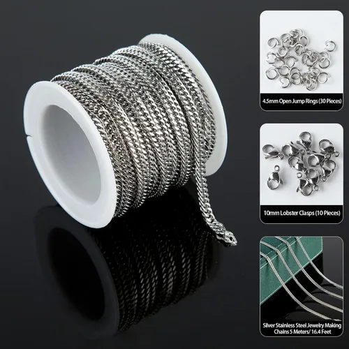 Miniatura 2 de YOUBEIYEE Cadena de plata a granel, suministros para hacer joyas, cadena de eslabones de acero inoxidable 304 para collar, pulsera, bricolaje