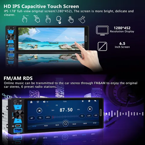 Miniatura 3 de Radio de pantalla táctil DIN simple de 6.5 pulgadas con Apple CarPlay inalámbrico y Android Auto, FM/AM, estéreo para automóvil con Bluetooth 5.2