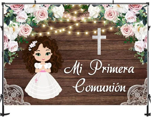 Miniatura 3 de Fondo fotográfico Flores bautismales, panel de pared de madera marrón, cortina de fondo decorativo para estudio de fotografía (5 x 3 pies)