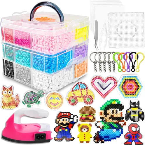 Miniatura 8 de FUNZBO Kit de 5200 cuentas que se funden de 5mm con mini plancha - 24 colores 111 patrones, artes y manualidades navideñas para niñas y niños