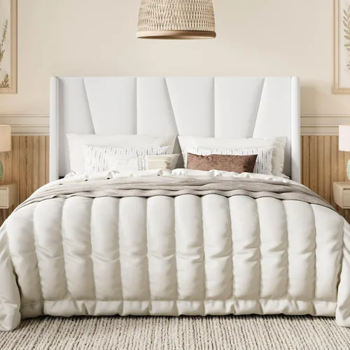 Miniatura 12 de SHA CERLIN Base de cama tamaño King con cabecera geométrica con respaldo de ala, cama de plataforma tapizada con espacio debajo de la cama de 8 Beige