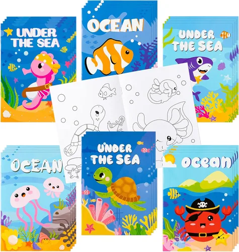 ANGOLIO 24 libros para colorear de animales del océano a granel para niños, regalos de verano, mini libros de dibujo artístico para tiburón,
