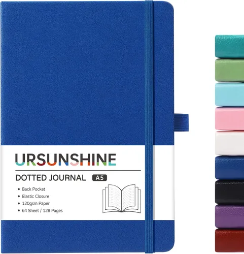 Miniatura 47 de Cuaderno punteado, diario, 5.3 x 8.26 pulgadas, tapa dura, prémium, papel grueso, doble espiral, bandas, cuero negro sintético, lazo para bolígrafo