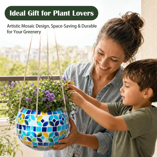 Miniatura 5 de Maceta colgante de cerámica con mosaico, maceta colgante pequeña para plantas de interior, decoración de jardín, maceta de bola de discoteca con Azul