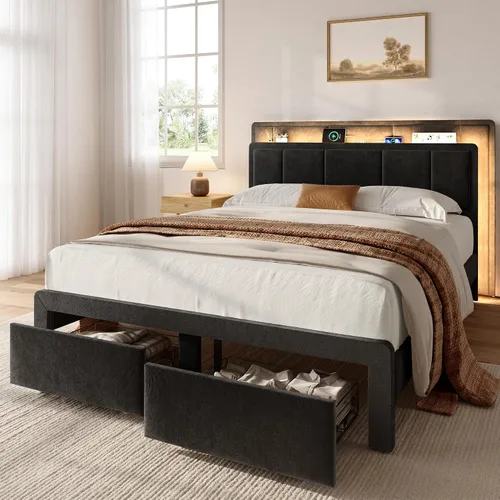 Miniatura 8 de Base de cama de almacenamiento de tamaño matrimonial, cama de plataforma tapizada con 2 cajones, cabecera de canal vertical de terciopelo con luces