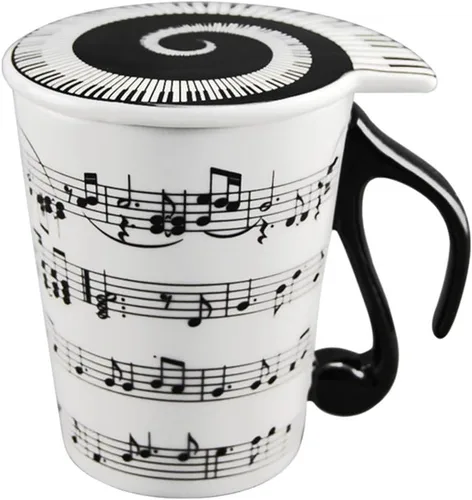 HLJgift, taza de cerámica con diseño musical, para té y café, con tapa con pentagrama y notas musicales como regalo de San Valentín y el día del